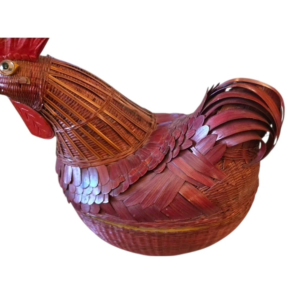 Handcrafted Red Rooster Basket Vintage Two Part Farmhouse Primitive Rustic 3D